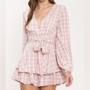 Goodnight Macaroon Romper Ruffle Dusty Pink Checkered Checked Long Sleeve